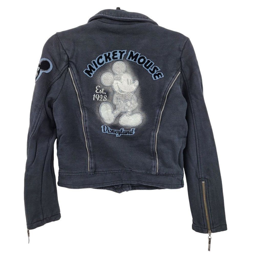Disney Parks Disneyland Moto Jacket Sweatshirt M Black Sequined Mickey‎ 3D Zip